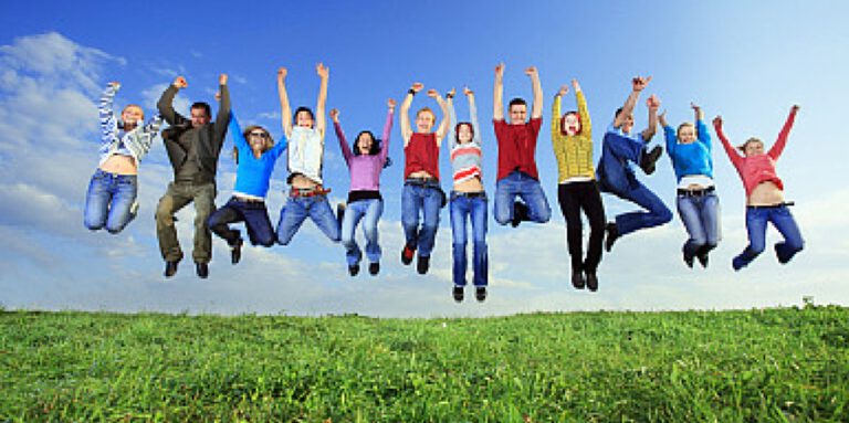 A line of people jumping in the air