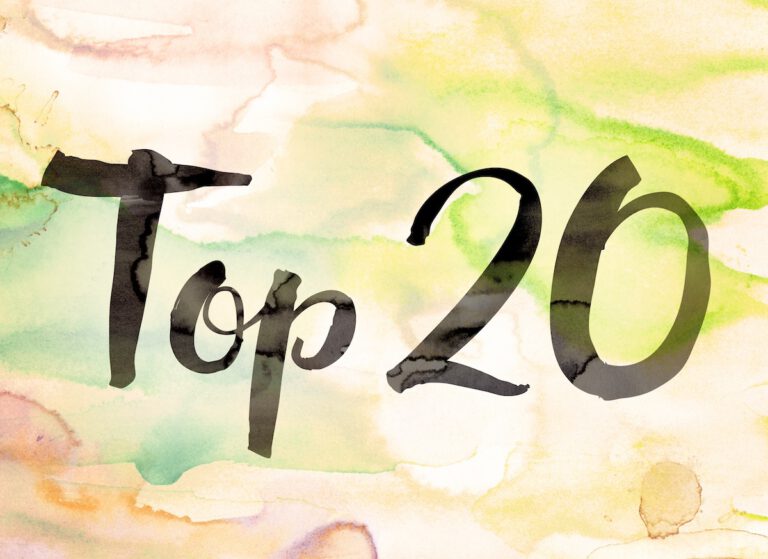 top 20 blogs of 2020. The words "Top 20" written in black paint on a colorful watercolor washed background.