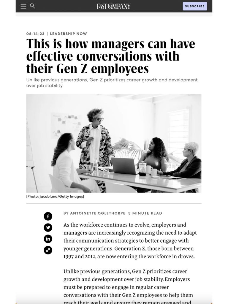 Fast Company article cover 'This is how managers can have effective conversations with their Gen Z employees' written by Antoinette Oglethorpe