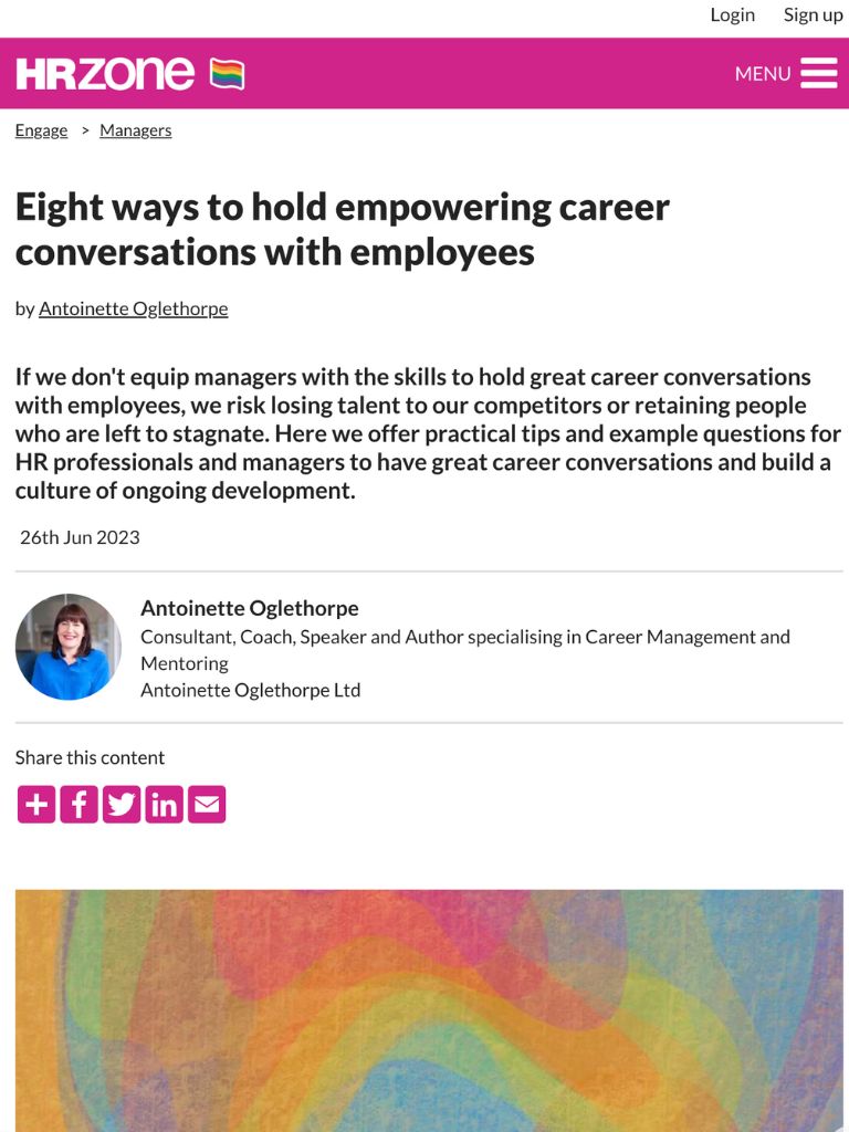 Article cover for Eight ways to hold empowering career conversations with employees by Antoinette Oglethorpe