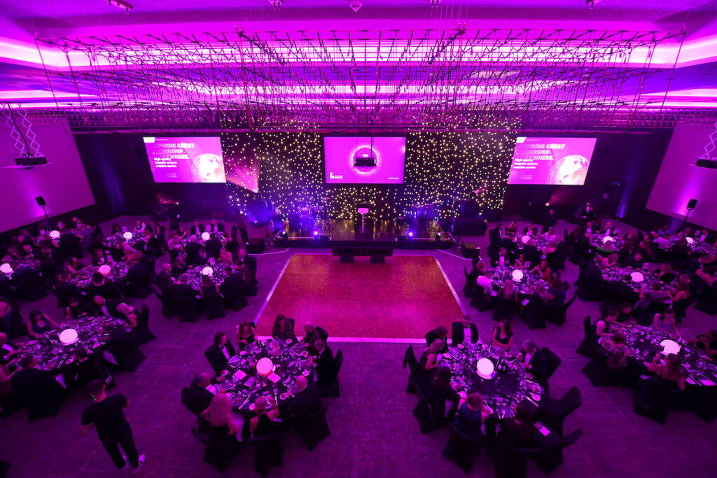 Awards night at the Hilton London Bankside, high view looking down over the filled tables cabaret style and the main stage.