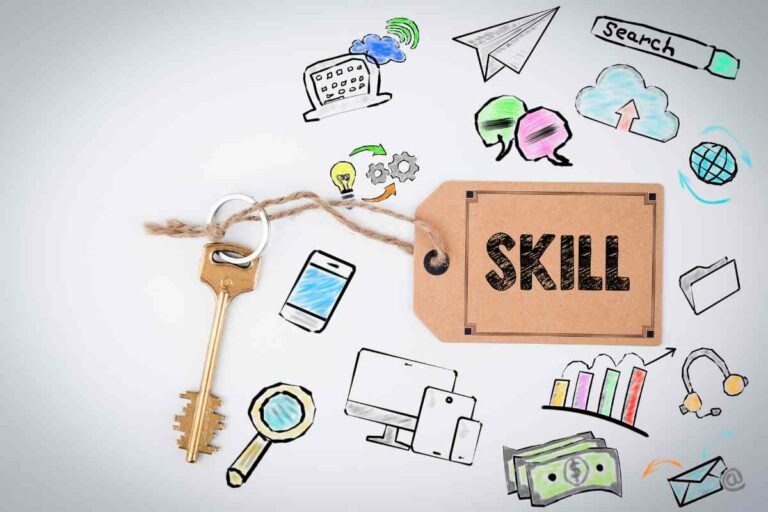develop skills for career progression. Key labelled SKILL with drawings of graphs, money, computers around it