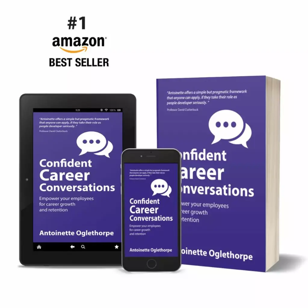 A tablet, smartphone, and book display the cover of "Confident Career Conversations" by Antoinette Oglethorpe, with a speech bubble icon on a purple background. Text above reads "#1 Amazon Best Seller.