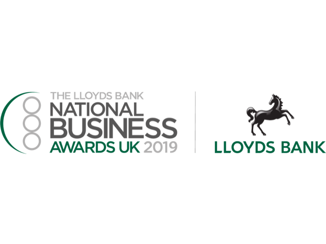 Logo for The Lloyds Bank National Business Awards UK 2019, featuring text and the Lloyds Bank black horse emblem.