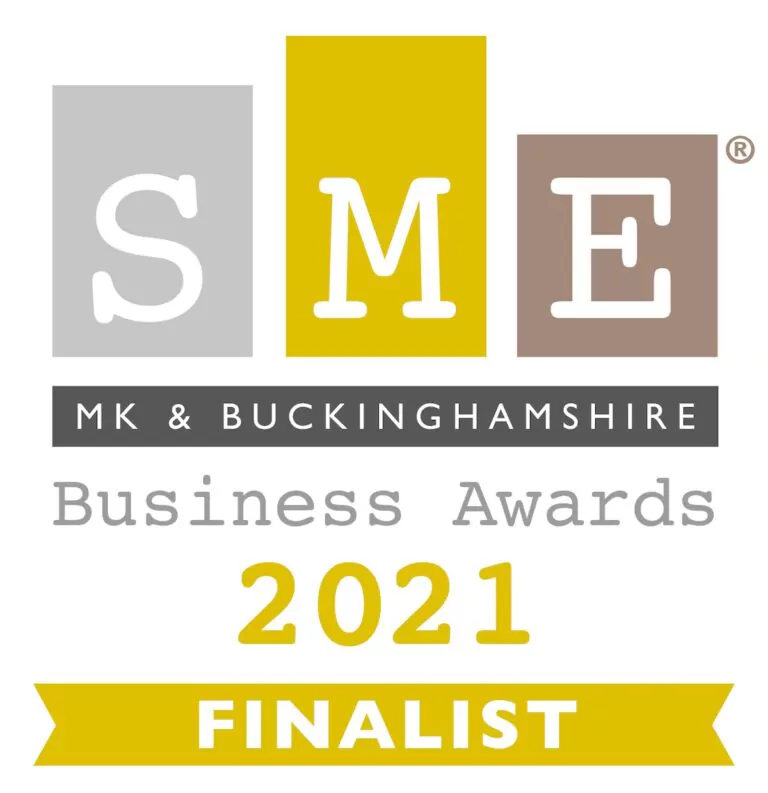 Logo for the SME MK & Buckinghamshire Business Awards 2021, with the word "FINALIST" highlighted on a yellow ribbon at the bottom.