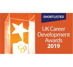 A glass trophy with a star inside and the letters CDI, next to text reading "SHORTLISTED UK Career Development Awards 2019" on an orange background.