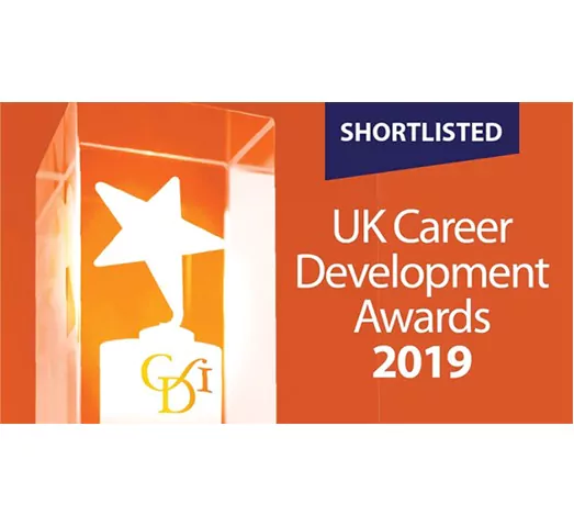 A glass trophy with a star inside and the letters CDI, next to text reading "SHORTLISTED UK Career Development Awards 2019" on an orange background.