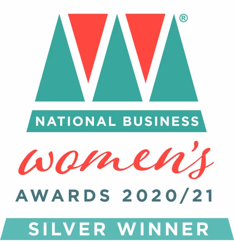 Logo for the National Business Women’s Awards 2020/21 Silver Winner, featuring stylised triangles and text in teal and red on a white background.