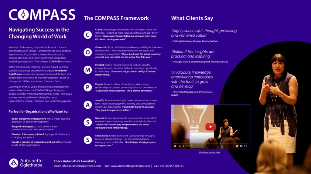 A purple promotional pdf for COMPASS by Antoinette Oglethorpe, detailing a work success framework, client testimonials, and ideal organisations. Antoinette Oglethorpe appears speaking and in a video thumbnail at the bottom right.