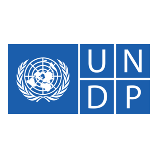 The image displays the United Nations Development Programme (UNDP) logo, featuring a world map surrounded by olive branches and the letters "UNDP" in white on a blue background.