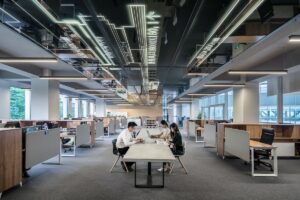 Three people sit at a table in a modern, open-plan office with large windows, wooden cubicles, and ceiling lights, discussing career management and mentoring challenges. The space is bright and organised with mirrored panels featuring white graphic designs.