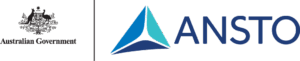 Australian Government crest and ANSTO logo with a blue geometric triangle symbol beside the text "ANSTO" in bold blue letters.