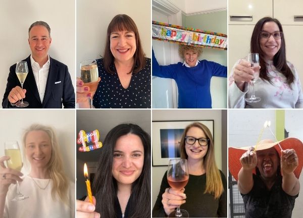 A collage of eight people celebrating, each holding a drink or a birthday item, smiling towards the camera. One person holds a