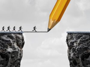 A giant pencil draws a bridge between two cliffs as five businesspeople run across, symbolising creativity and problem-solving to overcome the Career Management Gap.
