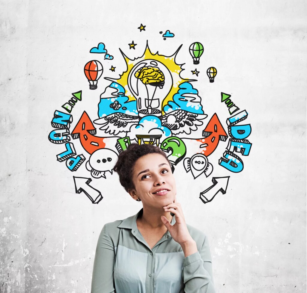 A thoughtful woman stands in front of a wall with colourful doodles of a lightbulb, arrows, clouds, and the words “PLAN” and “IDEA”, symbolising creativity and brainstorming.