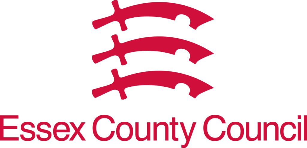 The Essex County Council logo features three red seaxes (curved swords) arranged horizontally above the words "Essex County Council" in bold red text on a light background.