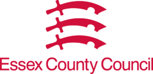 The Essex County Council logo features three red seaxes (curved swords) arranged horizontally above the words "Essex County Council" in bold red text on a light background.