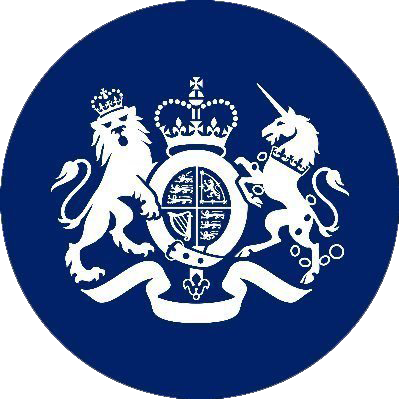 A white heraldic crest with a lion and unicorn flanking a shield and crown, on a dark blue circular background.
