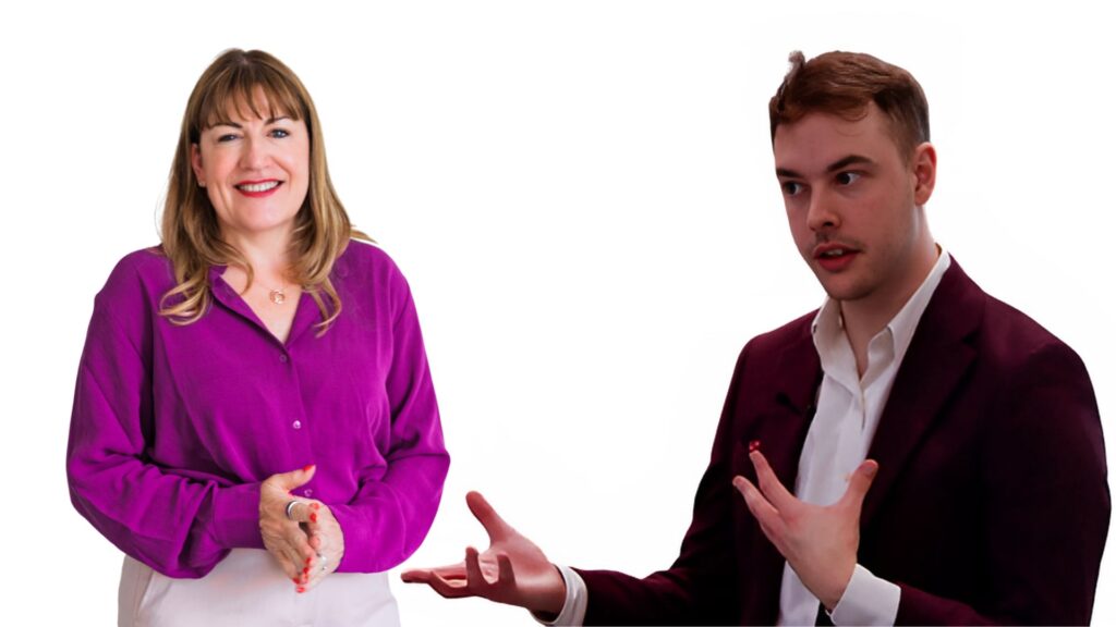 Host of the on-demand webinar Antoinette Oglethorpe in a purple blouse smiles with her hands clasped, with guest speaker Jake Richings in a maroon blazer gestures animatedly with his hands. Both are set against a plain white background.