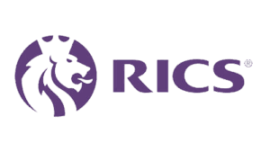 The image shows the RICS logo, featuring a stylised purple lion's head with a crown inside a circle, next to the bold purple letters "RICS" on a light background.