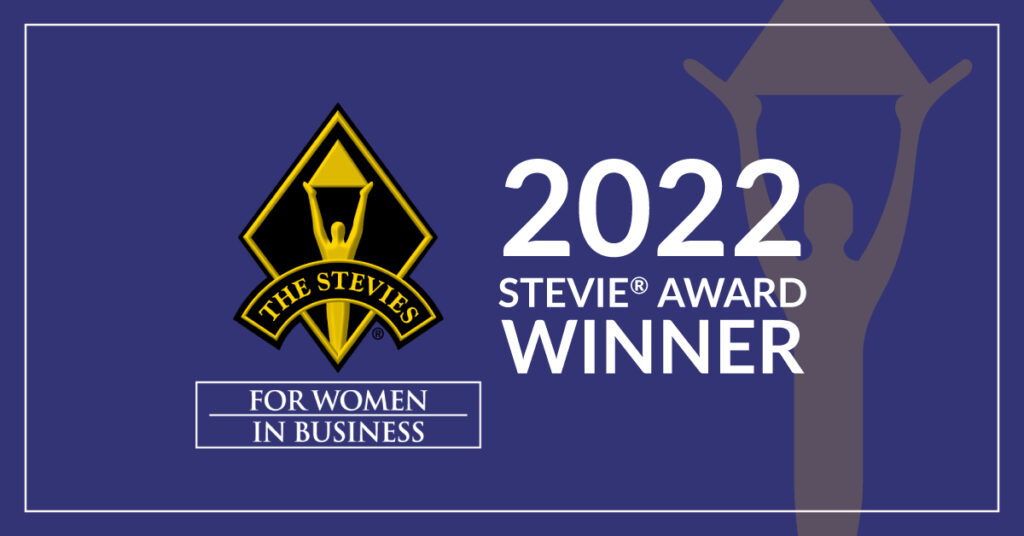 A graphic featuring the gold Stevie Awards logo, text reading 