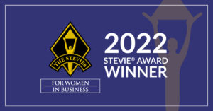 A graphic featuring the gold Stevie Awards logo, text reading