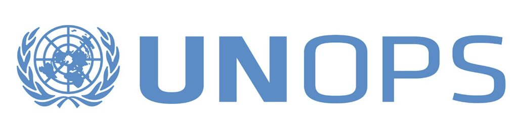 The image shows the UNOPS logo, featuring the United Nations emblem—a world map surrounded by olive branches—next to the blue text "UNOPS" on a white background.