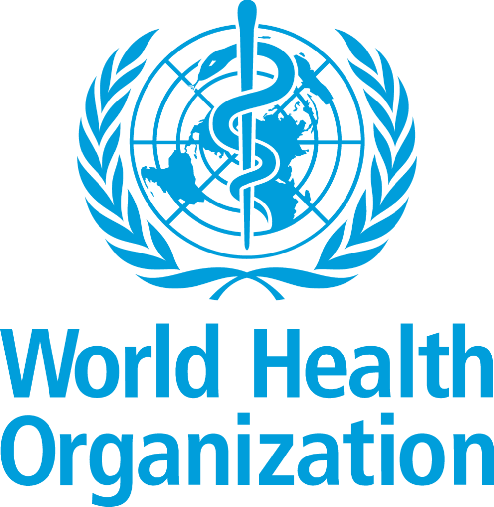 World Health Organisation logo: blue emblem with a globe, a vertical staff with a snake (Rod of Asclepius) in the centre, surrounded by olive branches. "World Health Organisation" is written below in blue text.