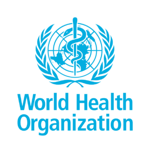 World Health Organisation logo with a blue globe, a snake wrapped around a staff, and laurel branches, with the words “World Health Organisation” below.