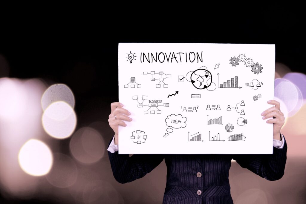 A person in a business suit holds a large poster with hand-drawn diagrams, charts, and icons under the word “INNOVATION” on a blurred background with circular lights.