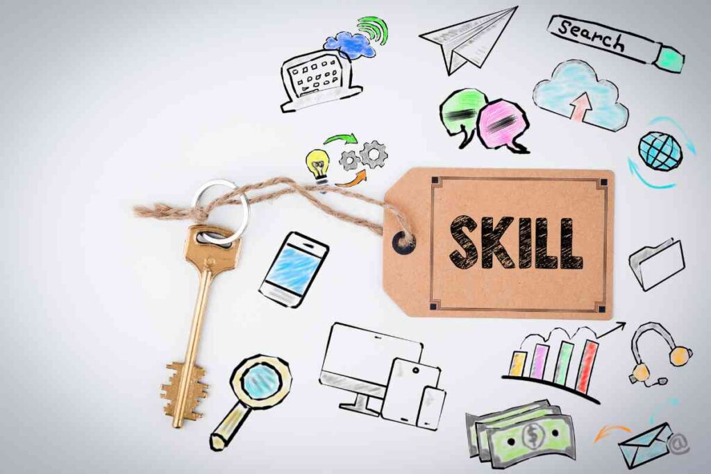 A key attached to a tag labelled "SKILL," surrounded by colourful doodles of a computer, smartphone, money, and more, highlights the tools you need to develop skills.