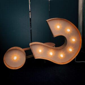 A large, vintage-style question mark sign with exposed light bulbs lies on its side against a dark background. The glowing bulbs evoke self-awareness for career success, casting a warm, inviting light.