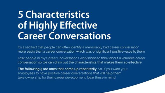 A blue and white PDF cover titled "5 Characteristics of Highly Effective Career Conversations" with text explaining that people often recall bad career conversations more easily than good ones, and highlighting the importance of positive conversations.
