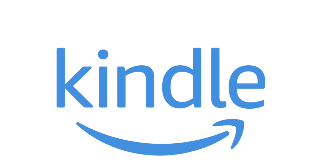 The image shows the word “kindle” in lowercase blue letters, with a blue curved arrow resembling a smile underneath, representing the Amazon Kindle logo. The background is light grey.