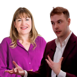 Host of the on-demand webinar Antoinette Oglethorpe in a purple blouse smiles with her hands clasped, with guest speaker Jake Richings in a maroon blazer gestures animatedly with his hands. Both are set against a plain white background.