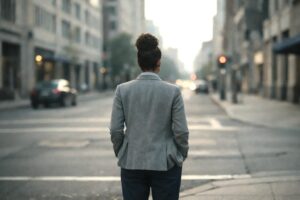 Career ownership: a professional pausing at a city crossroads, reflecting on direction and responsibility for their next career step.